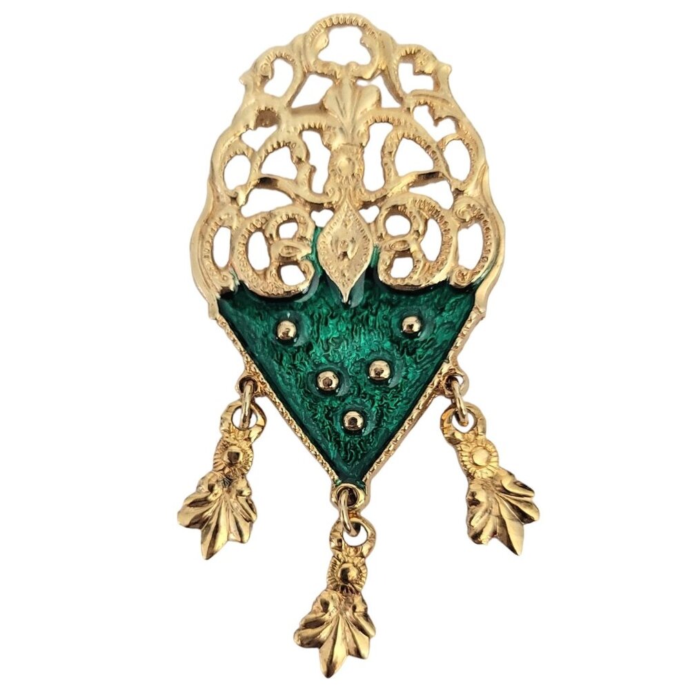 Elle Gold Tone Green Enamel Fleur de Lis Style Charm Dangle Brooch, Signed M314
